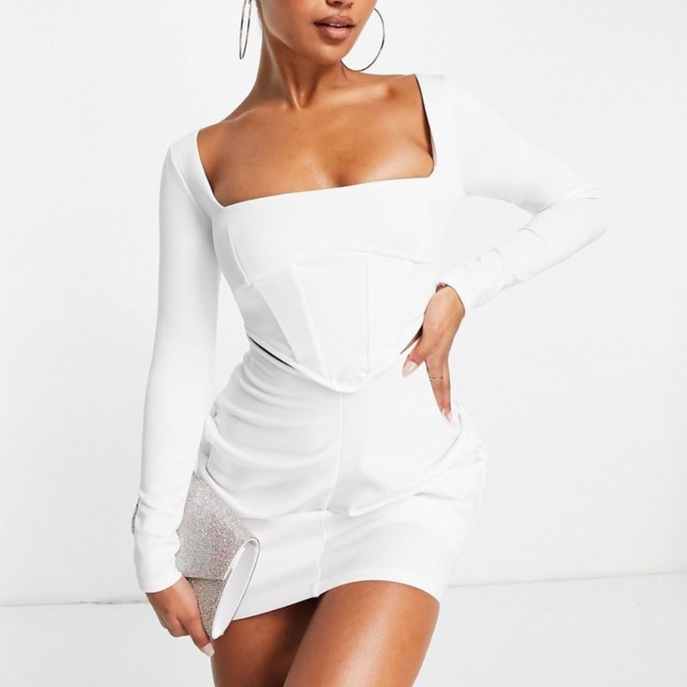ASOS DESIGN square neck corset long sleeve side ruched mini dress in ivory